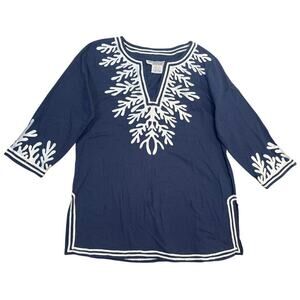 Gretchen Scott Navy Blue Reef Embroidered Cotton Poplin Tunic sz S Beach Coverup